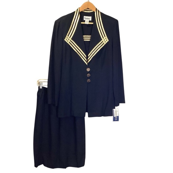 Vintage 80s/90s Periwinkle by B. David Black Skirt Suit Set Gold Trim NWT Formal - Picture 15 of 15